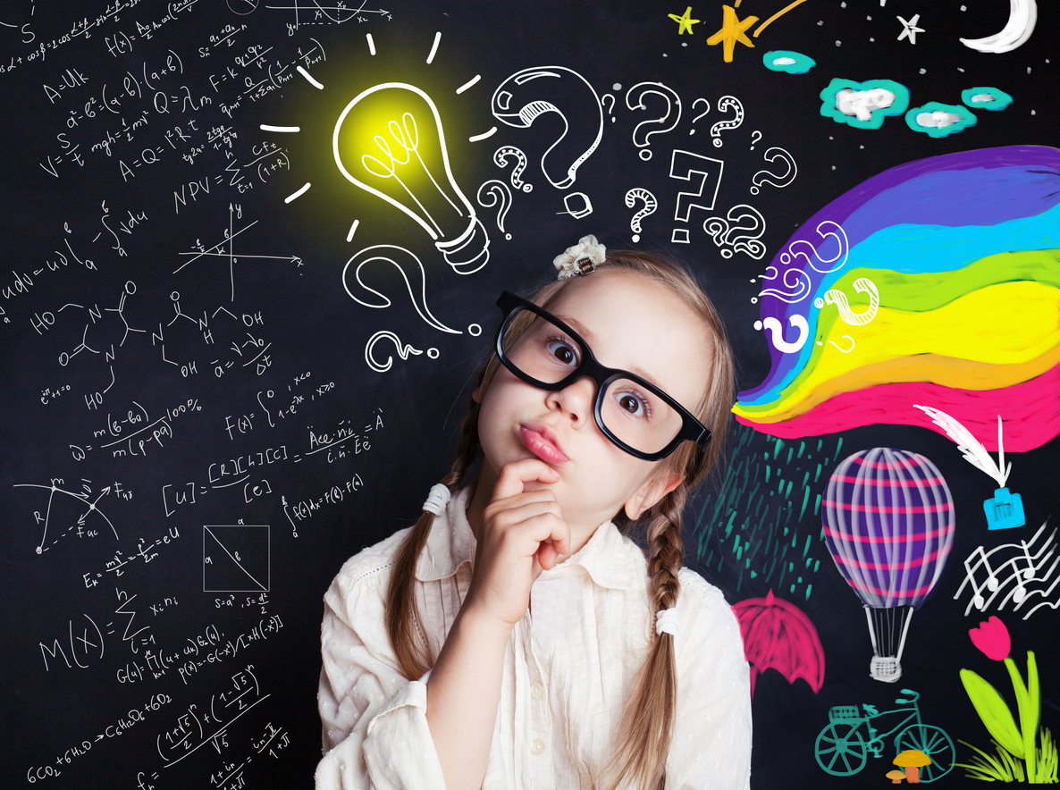 Pensive child school student with yellow lightbulb and school and childhood supplies design elements. Child ideas and development concept